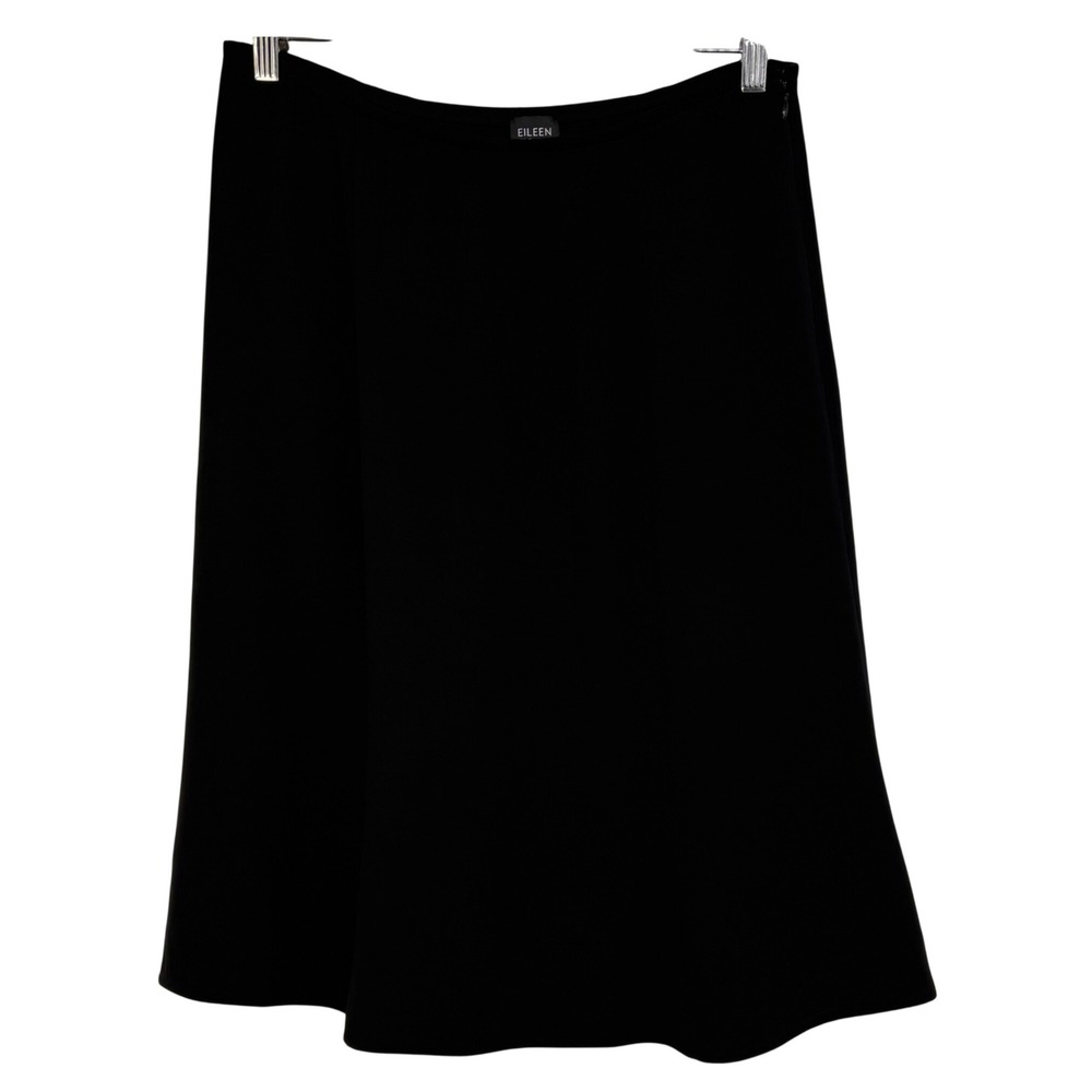 Eileen Fisher Black Silk Blend A-Line Midi Skirt M Side Zip Minimalist Luxury